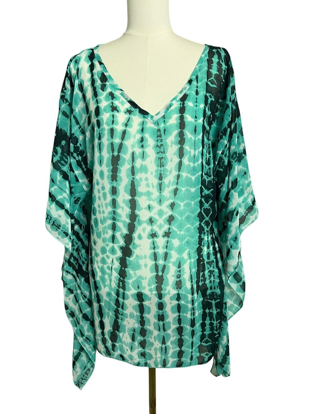 Resort Swim Cover Up Womens 8-10 Green Tie Dye Sheer Kaftan Beach Boho